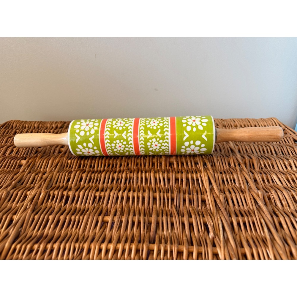 Ceramic Rolling Pin Floral Green Orange White Wood Handles Athropologie